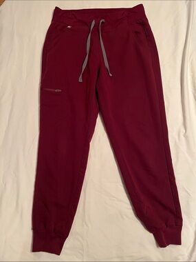 Figs Burgundy Jogger Scrub Pants with Gray Drawstring